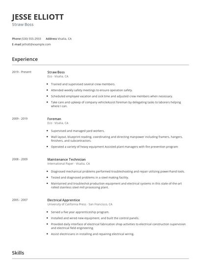 Straw Boss Resume