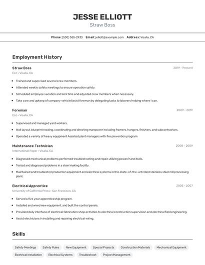 Straw Boss Resume