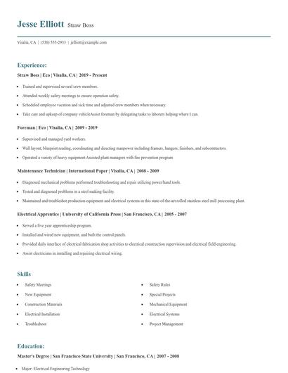 Straw Boss Resume