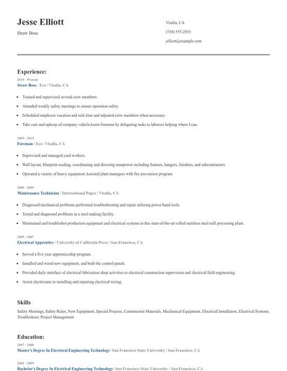 Straw Boss Resume