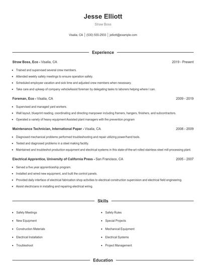 Straw Boss Resume