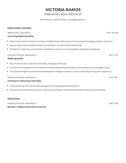 Streaming Media Specialist Resume