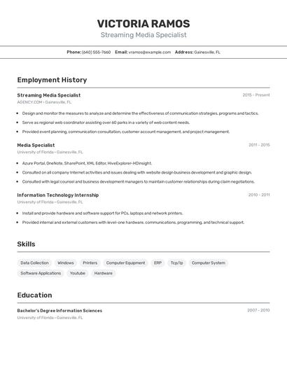 Streaming Media Specialist Resume