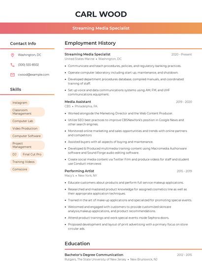 Streaming Media Specialist Resume
