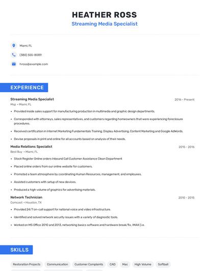 Streaming Media Specialist Resume