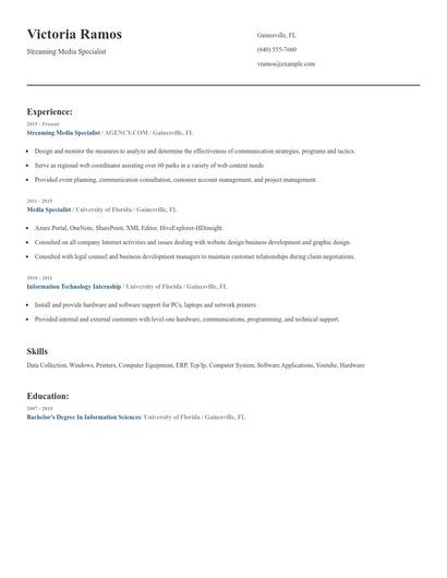 Streaming Media Specialist Resume
