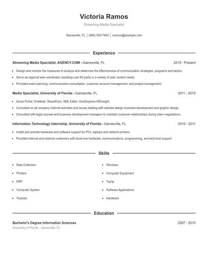 Streaming Media Specialist Resume