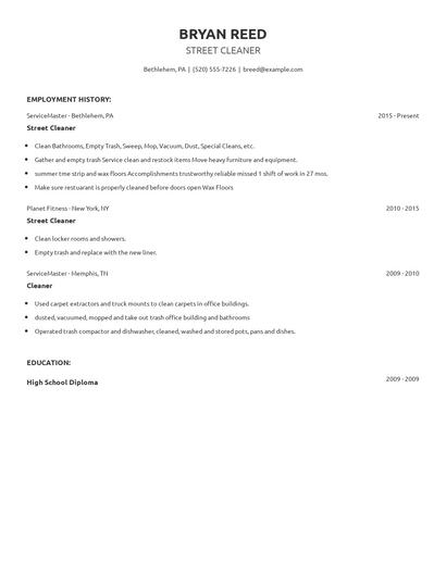 Street Cleaner Resume