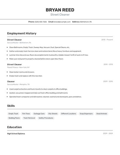 Street Cleaner Resume