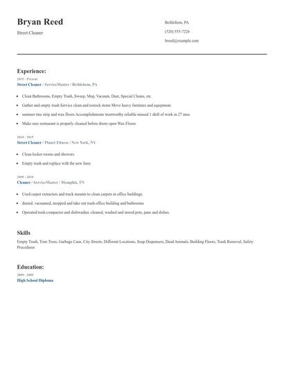 Street Cleaner Resume