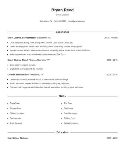 Street Cleaner Resume