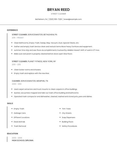 Street Cleaner Resume