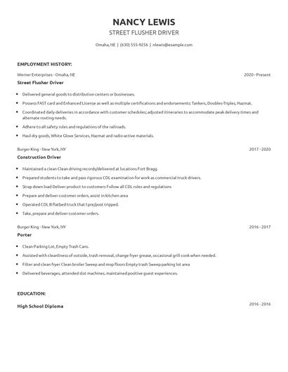 Street Flusher Driver Resume