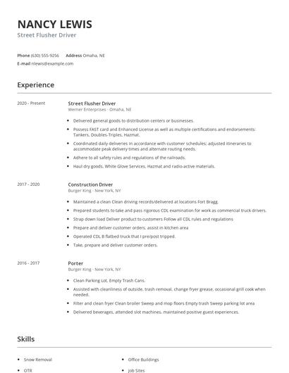 Street Flusher Driver Resume