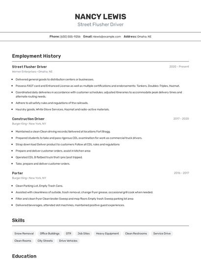 Street Flusher Driver Resume