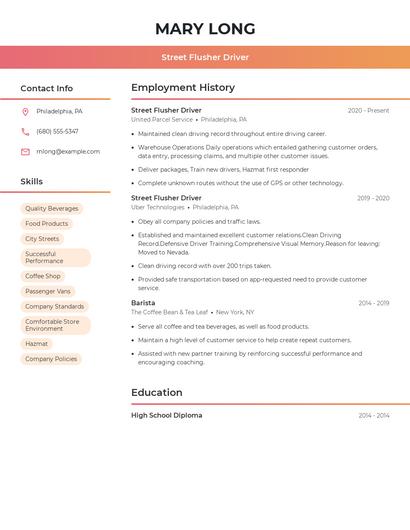 Street Flusher Driver Resume