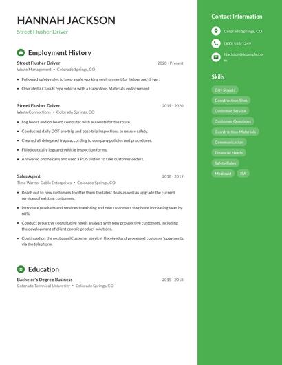 Street Flusher Driver Resume