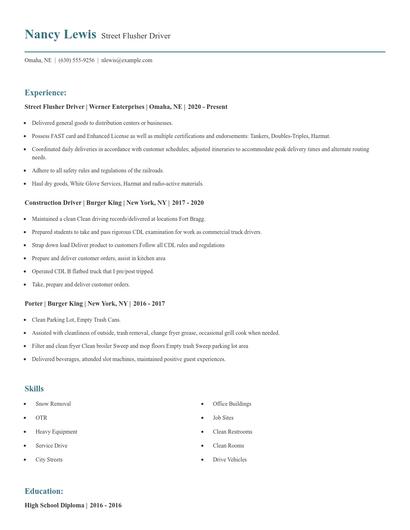 Street Flusher Driver Resume