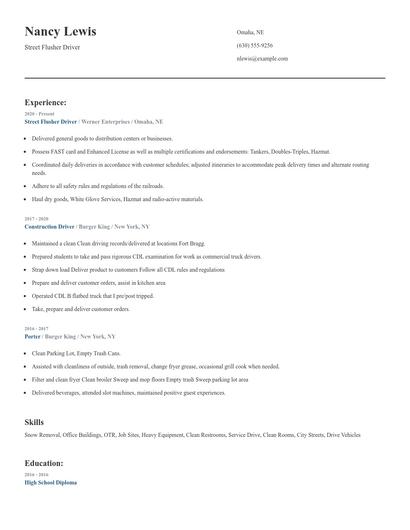 Street Flusher Driver Resume
