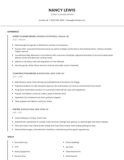 Street Flusher Driver Resume
