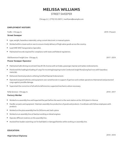Street Sweeper Resume
