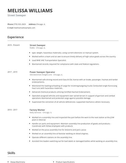 Street Sweeper Resume