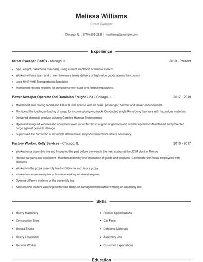 Street Sweeper Resume