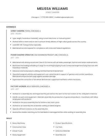 Street Sweeper Resume