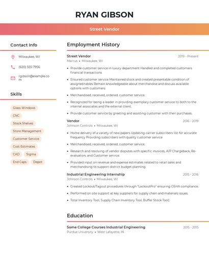 Street Vendor Resume