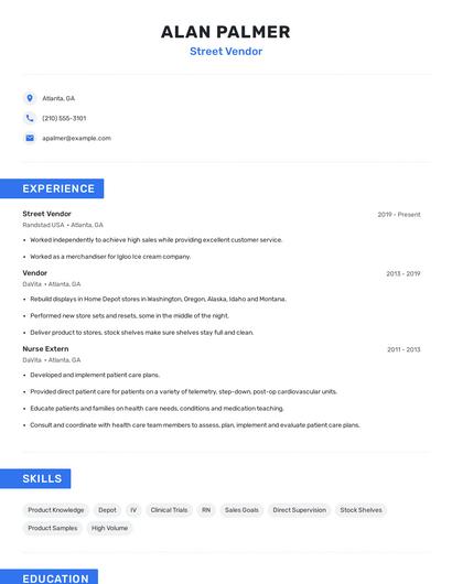 Street Vendor Resume