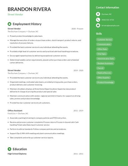 Street Vendor Resume