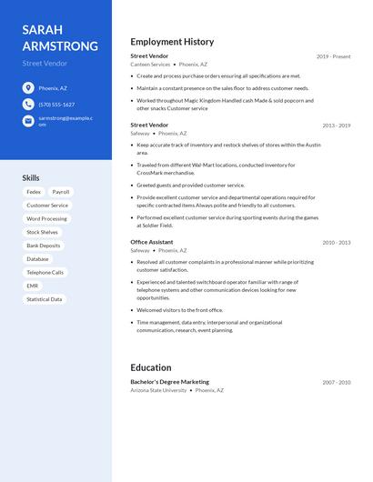 Street Vendor Resume