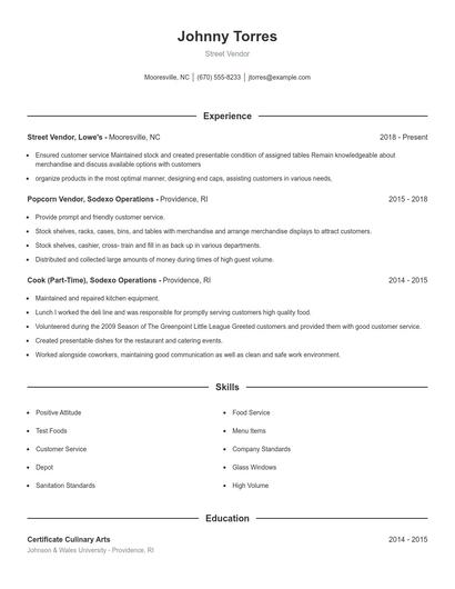 Street Vendor Resume