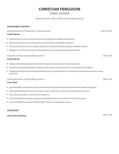 Street Worker Resume