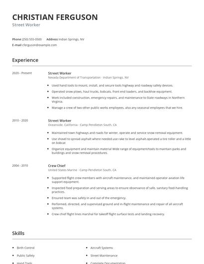 Street Worker Resume