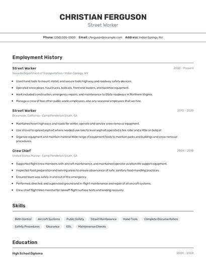 Street Worker Resume