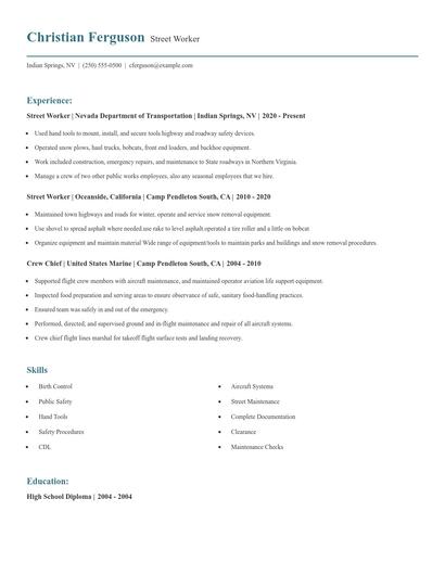 Street Worker Resume