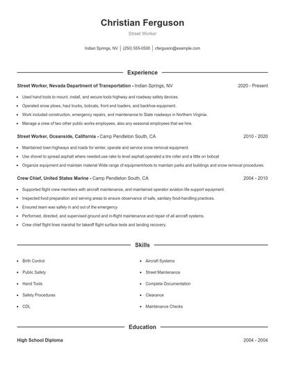Street Worker Resume