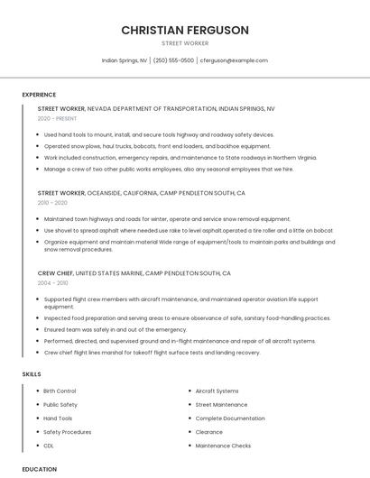 Street Worker Resume