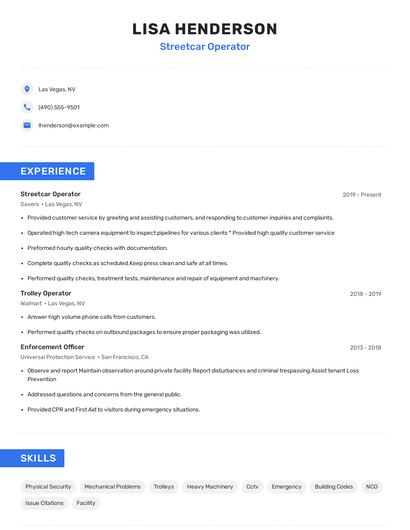 Streetcar Operator Resume