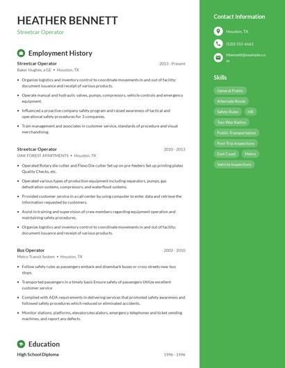 Streetcar Operator Resume