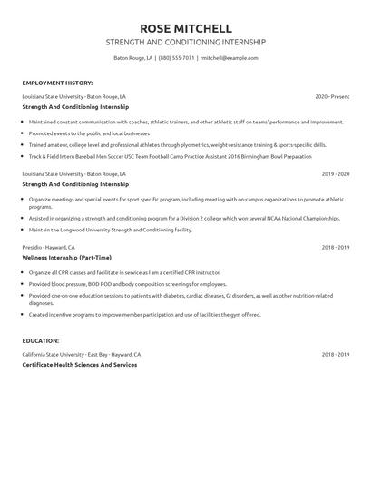 Strength And Conditioning Internship Resume