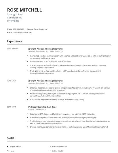 Strength And Conditioning Internship Resume