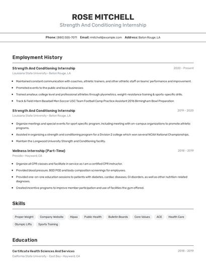 Strength And Conditioning Internship Resume