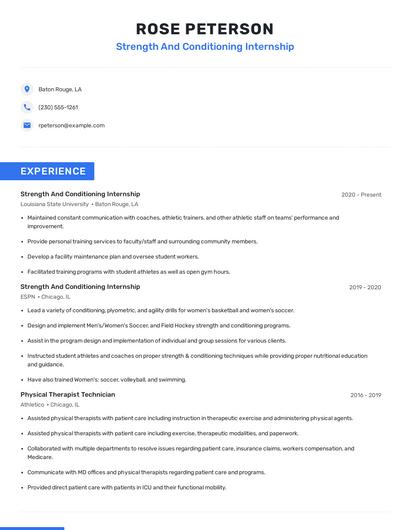 Strength And Conditioning Internship Resume