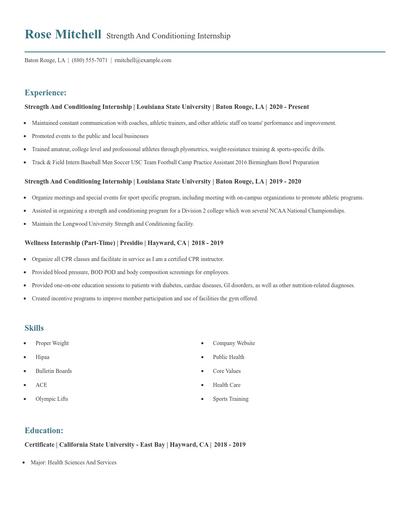 Strength And Conditioning Internship Resume