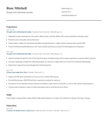 Strength And Conditioning Internship Resume