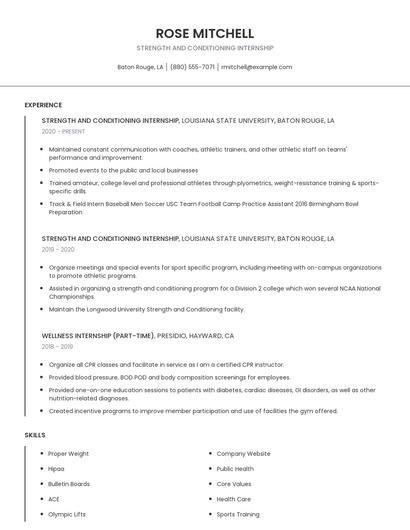 Strength And Conditioning Internship Resume