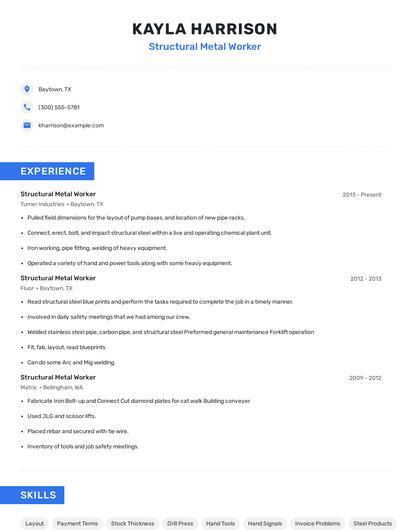 Structural Metal Worker Resume