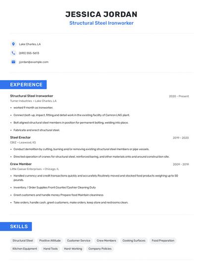 Structural Steel Ironworker Resume